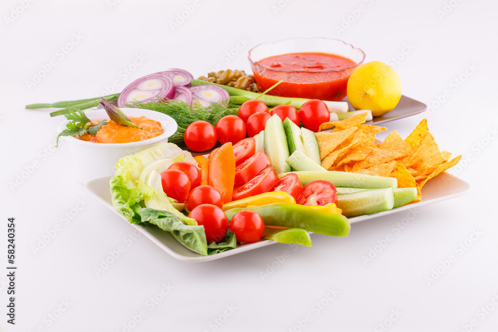Vegetables, olives, nachos, red and cheese sause Vegetables, olives, nachos, red and cheese sause