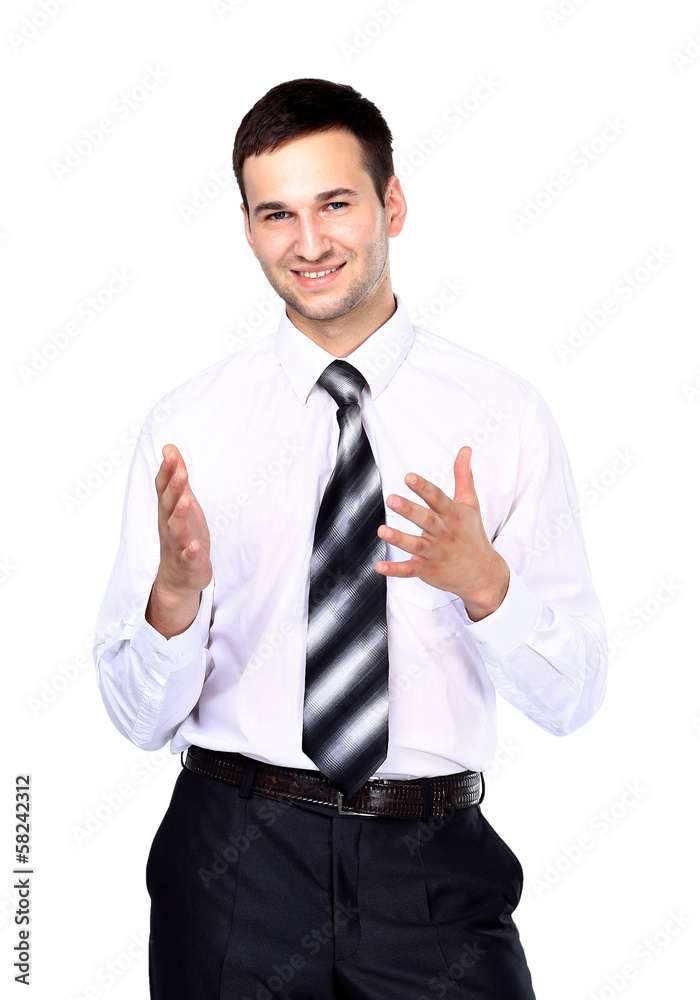 Smiling businessman telling, isolated over white Smiling businessman telling, isolated over white