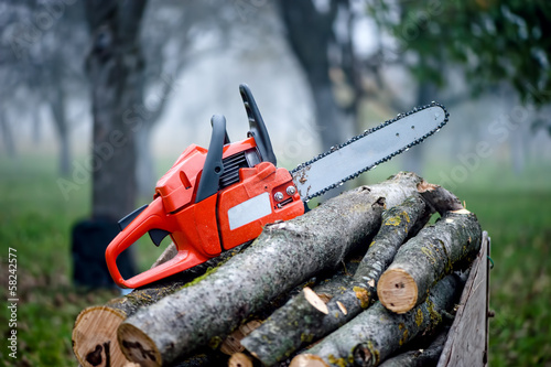 gasoline powered professional chainsaw on pile of cut wood photo
