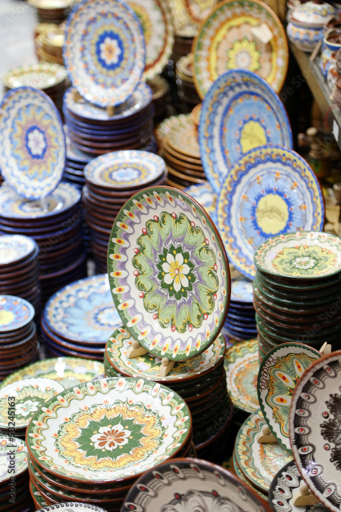 Colorful East European Traditional Pottery.