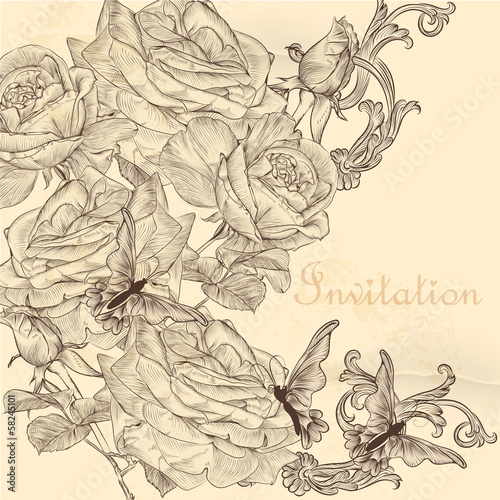 Wallpaper Mural Floral invitation card in vintage style with roses Torontodigital.ca