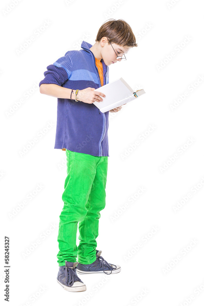 teenager boy with glasses reading a book, isolated on white