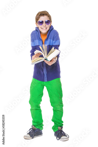 Cuadro en lienzo smiling teenager boy with sun glasses is holding a book