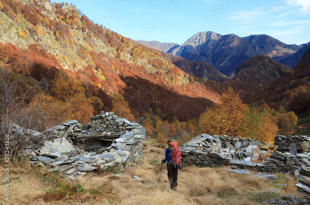 Naklejka premium Hiker in autumn landscape