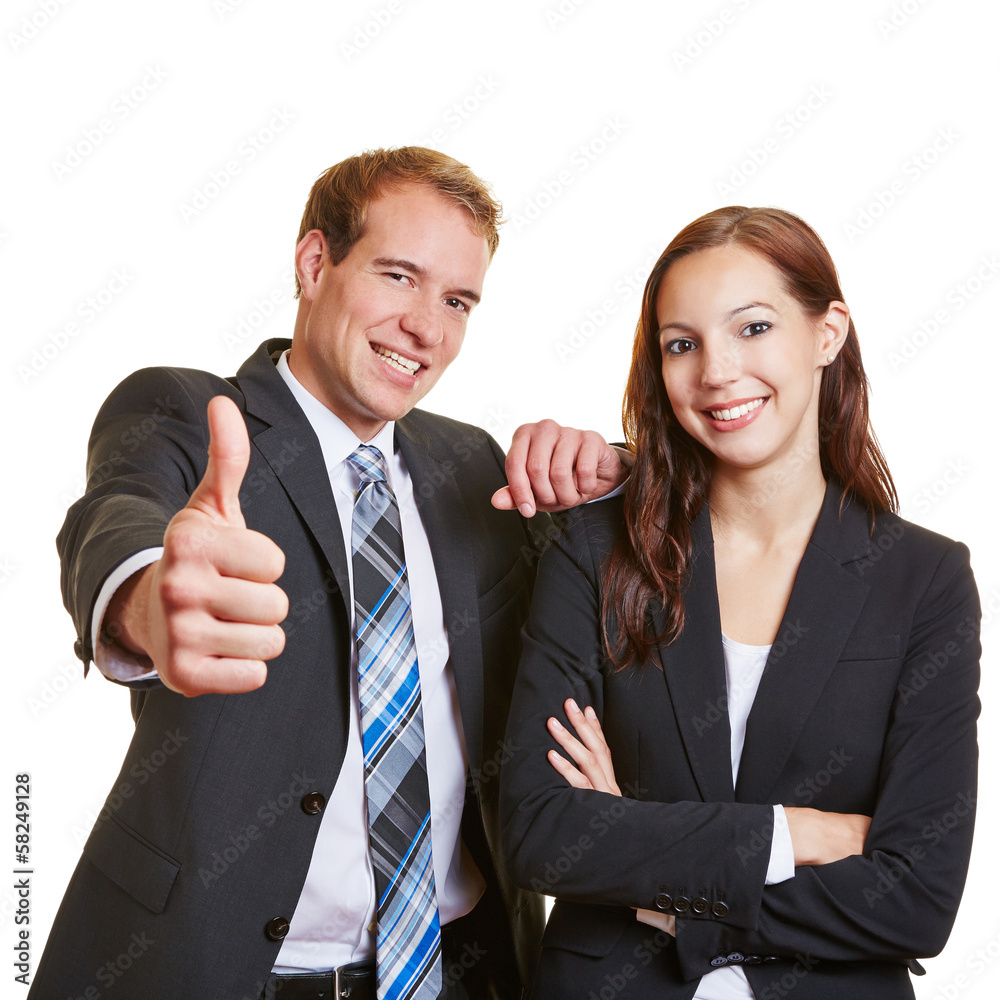 Business man holding thumbs up near woman Business man holding thumbs up near woman