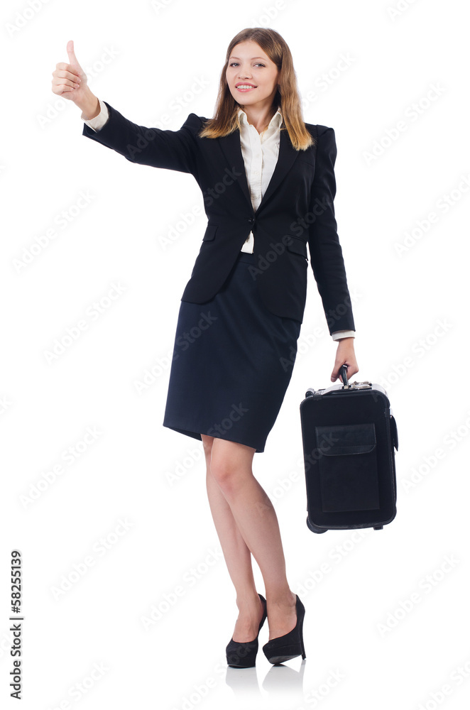 Woman preparing for vacation with suitcase on white Woman preparing for vacation with suitcase on white