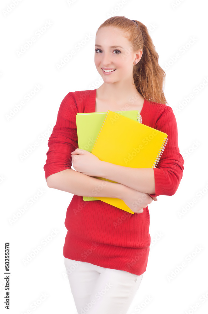 Young student with books on white Young student with books on white