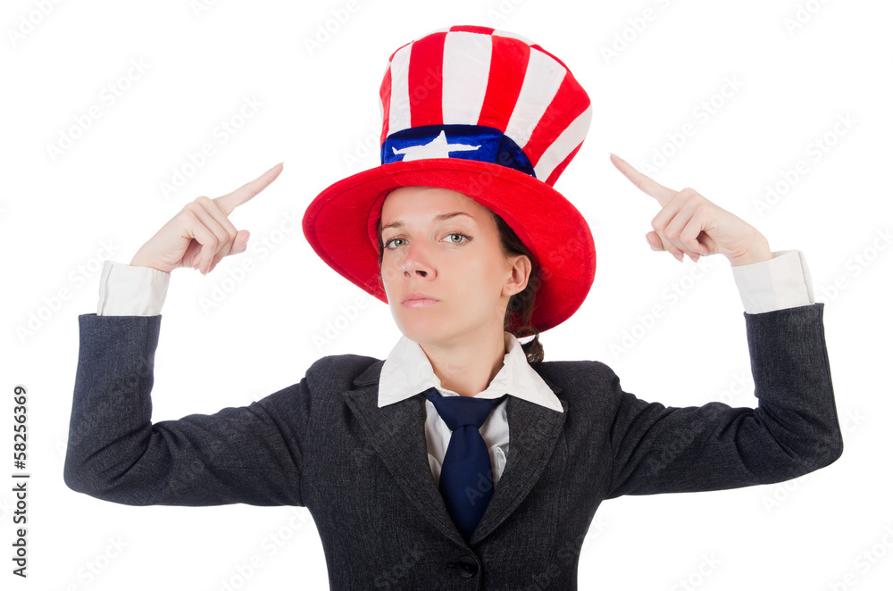 Young woman with american symbols on white Young woman with american symbols on white