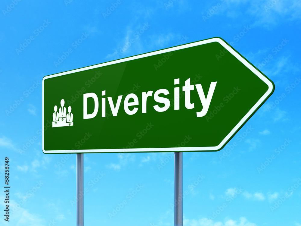Finance concept: Diversity and Business Team on road sign Finance concept: Diversity and Business Team on road sign