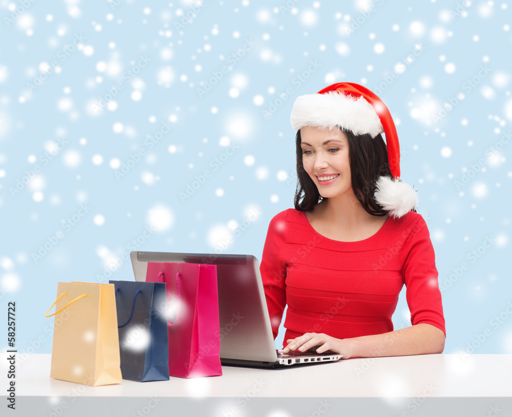 woman with shopping bags and laptop computer woman with shopping bags and laptop computer