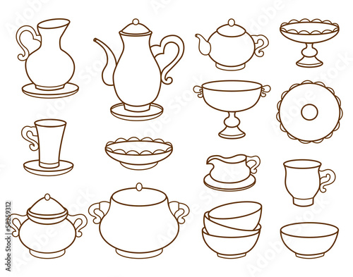 collection of porcelain tableware for tea  coloring book 