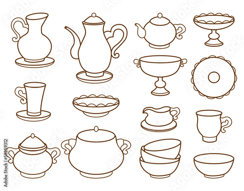 collection of porcelain tableware for tea (coloring book)