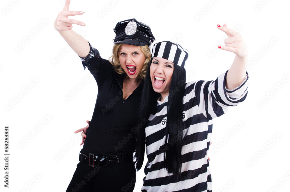 Prisoner and police isolated on the white Prisoner and police isolated on the white