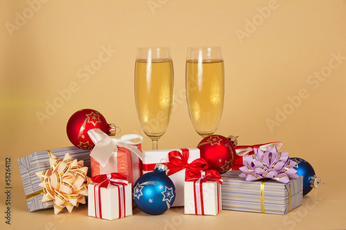 Set of different gift boxes, toys and wine glasses