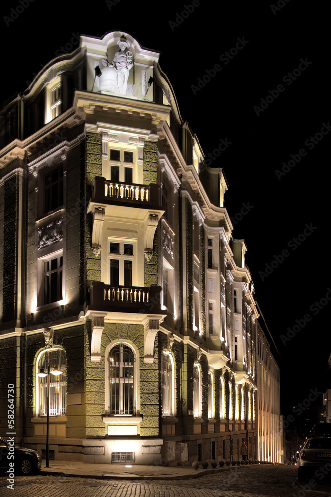 Illuminated building in the night in Sofia, Bulgaria
