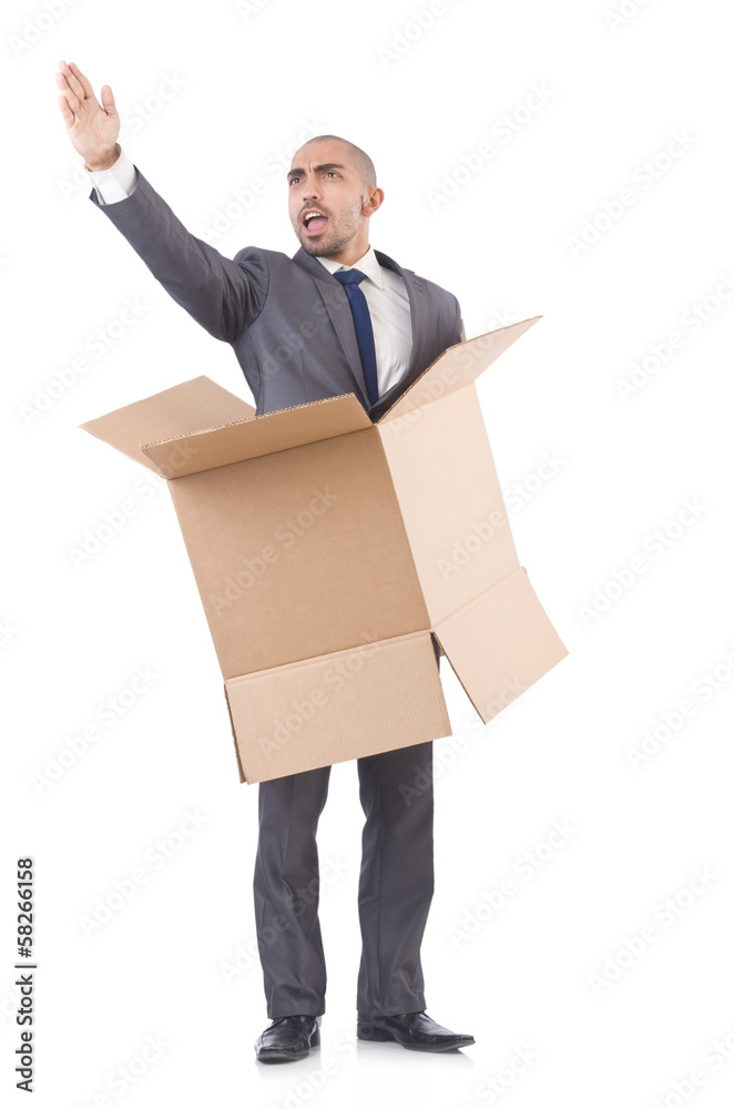 Businessman with box isolated on the white Businessman with box isolated on the white