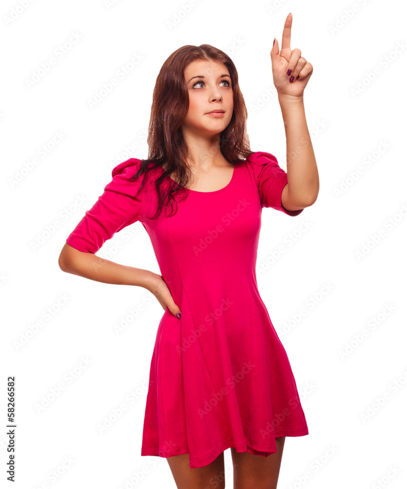 surprised woman shows finger direction hand isolated on white surprised woman shows finger direction hand isolated on white