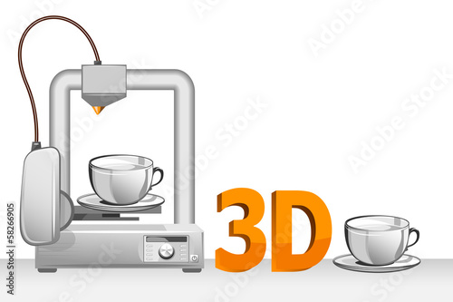 3d printer and white cup. Vector illustration