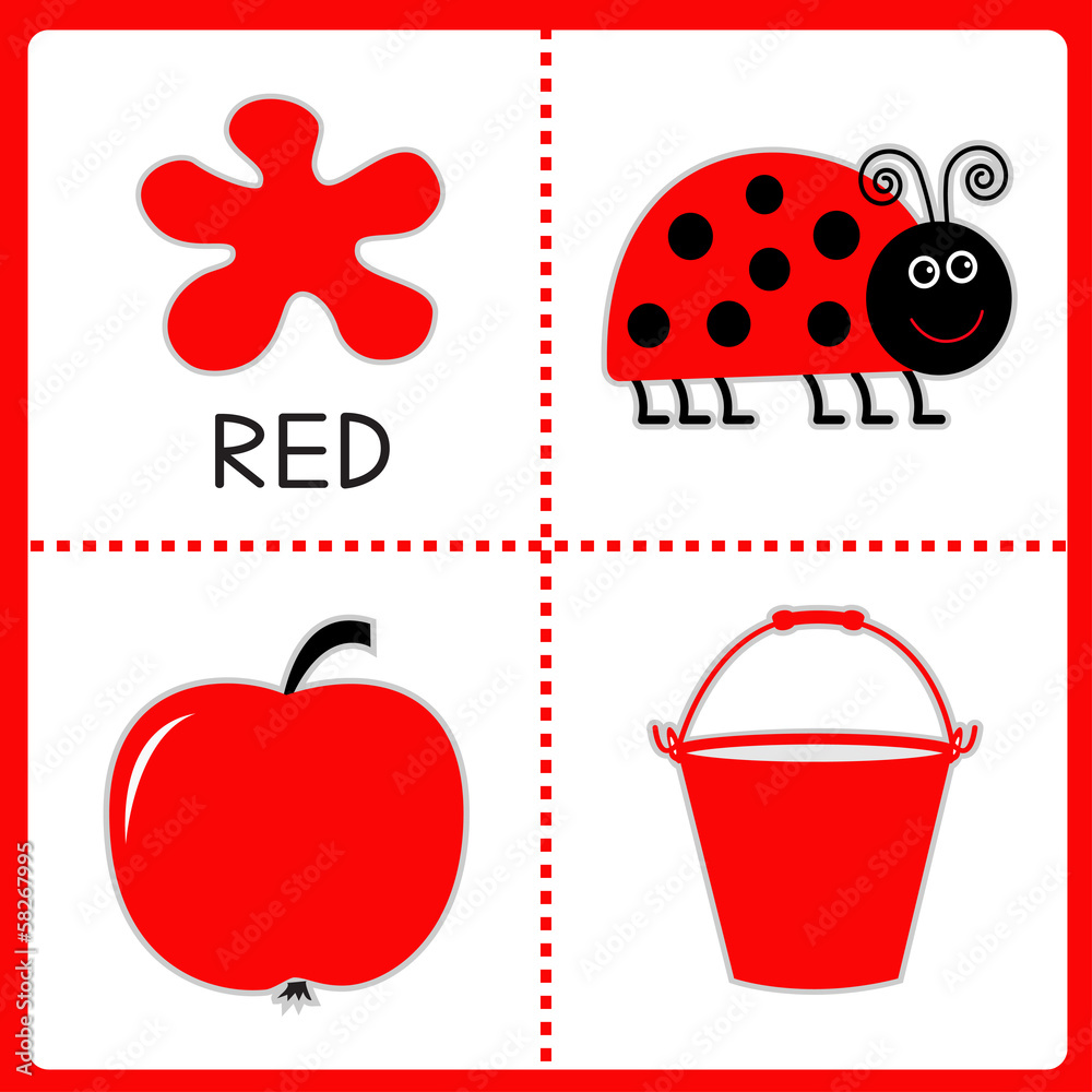 Learning red color. Ladybug, apple and bucket. Educational cards Learning red color. Ladybug, apple and bucket. Educational cards