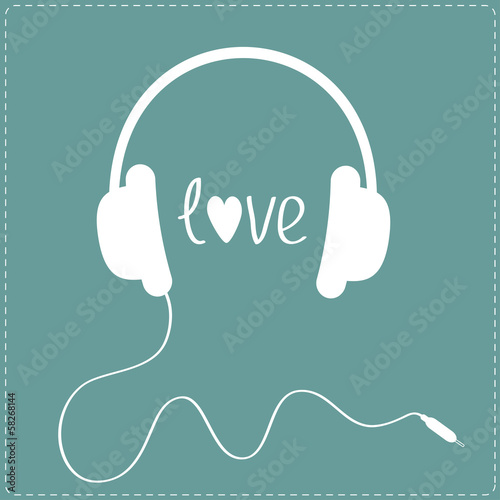 White headphones with cord. Dash line.  Love card.