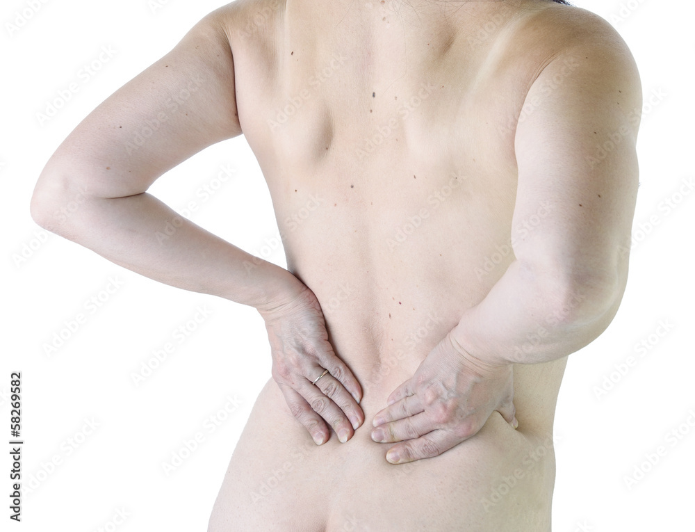 Person suffering lower back pain on white background