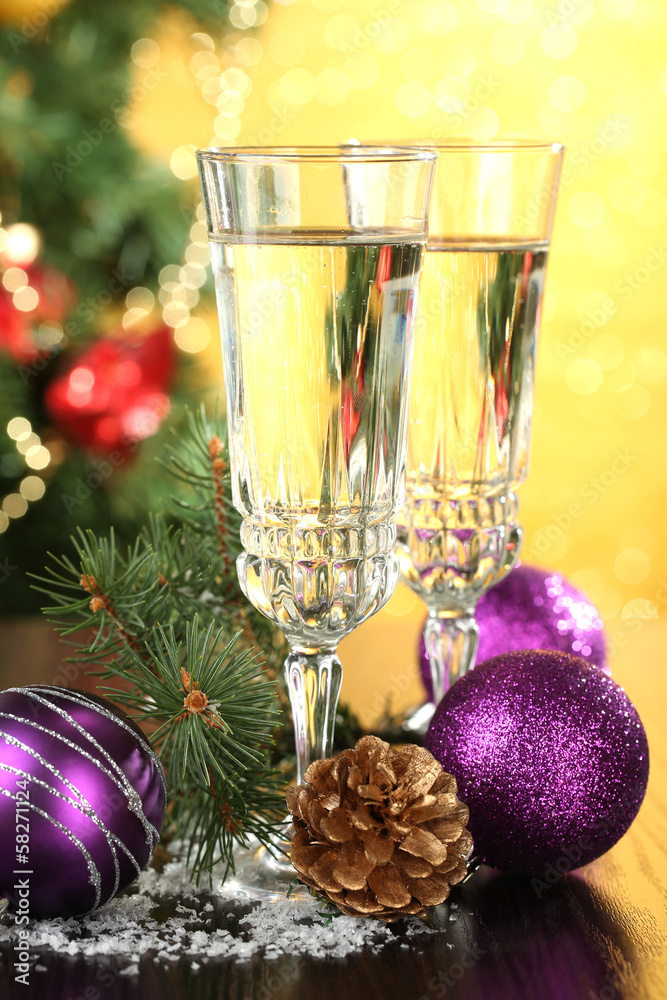 Composition with Christmas decorations and two champagne Composition with Christmas decorations and two champagne