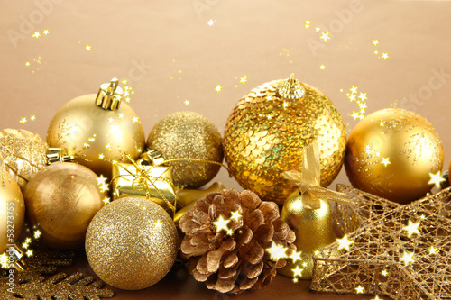 Beautiful Christmas decorations on brown background