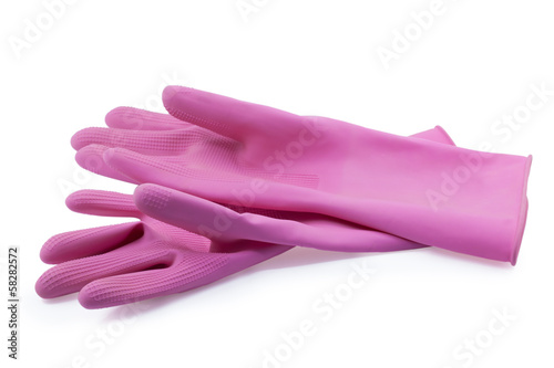 pair of pink rubber gloves isolated on white background
