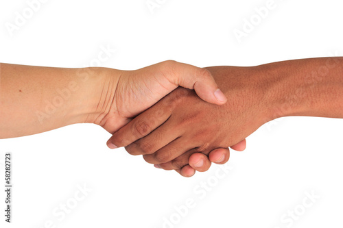 Hand shake between a man and man isolated on white