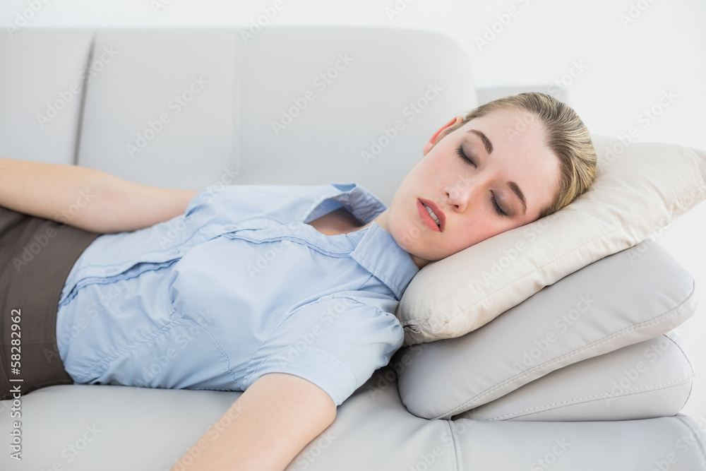 Cute classy businesswoman sleeping on her couch Cute classy businesswoman sleeping on her couch