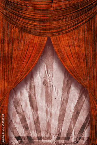 Retro revival sunbeam poster background behind red curtains