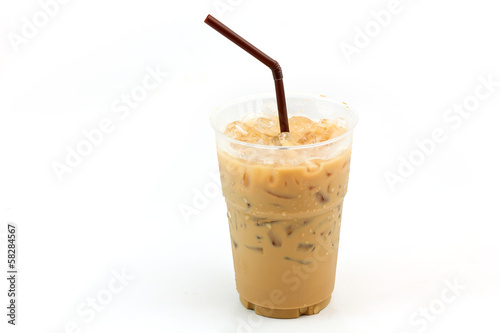 Iced coffee with straw in plastic cup isolated on white backgrou