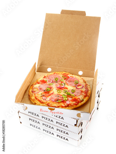 Takeaway salami or pepperoni pizza in a box photo