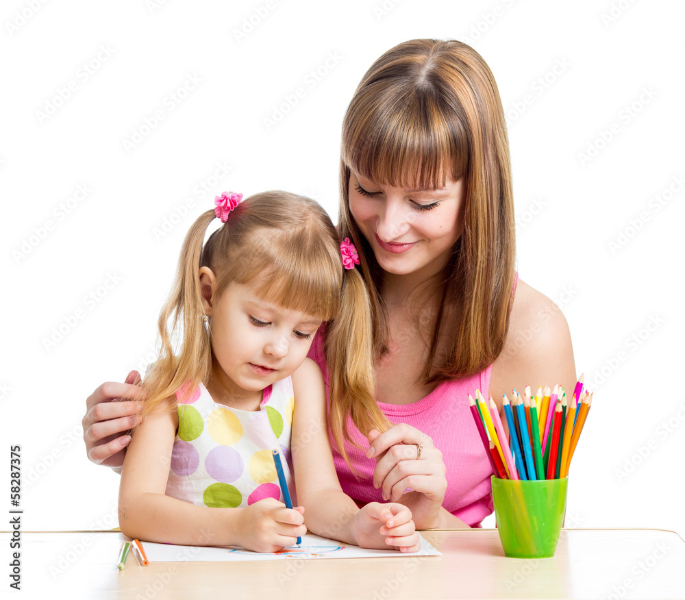 mother and her child girl pencil together mother and her child girl pencil together