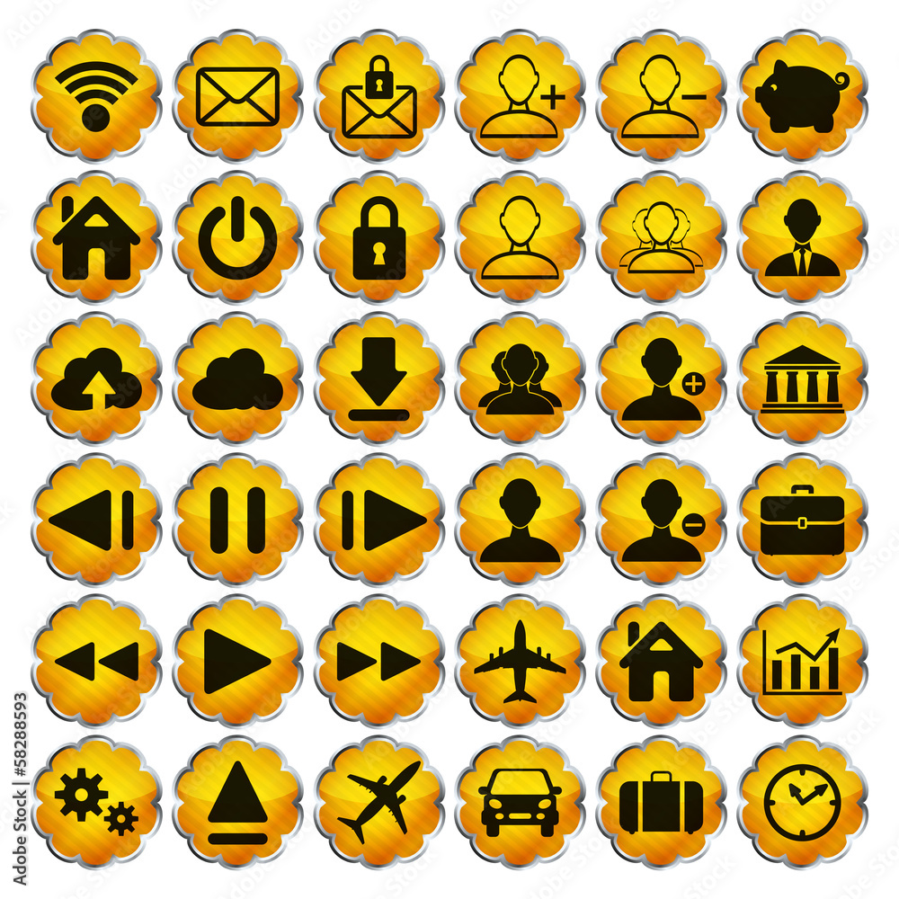 set of yellow web, multimedia and business icons on a white back set of yellow web, multimedia and business icons on a white back