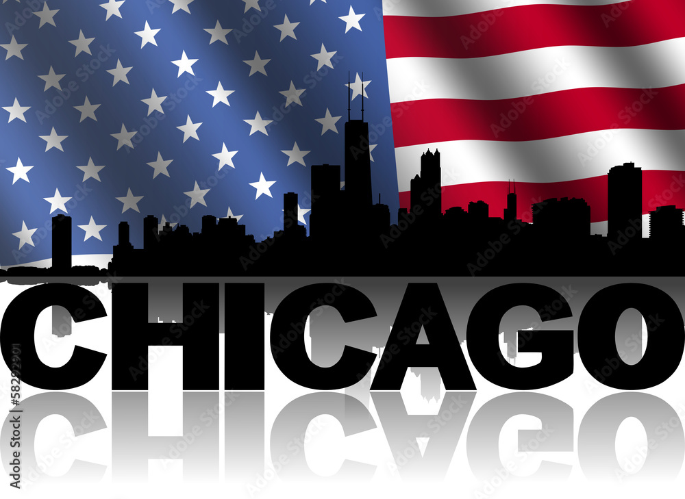 Chicago skyline and text reflected American flag illustration