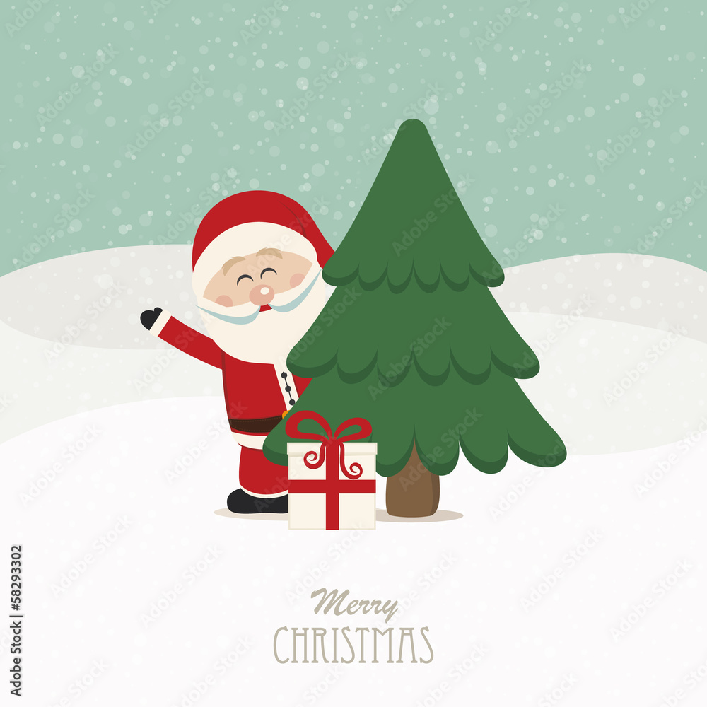 santa wave behind tree snowy background santa wave behind tree snowy background