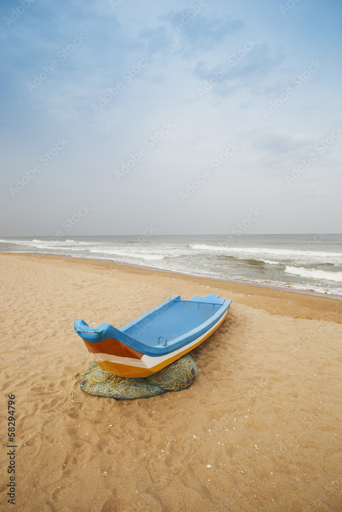 Fishing boat on the beach, Chennai, Tamil Nadu, India