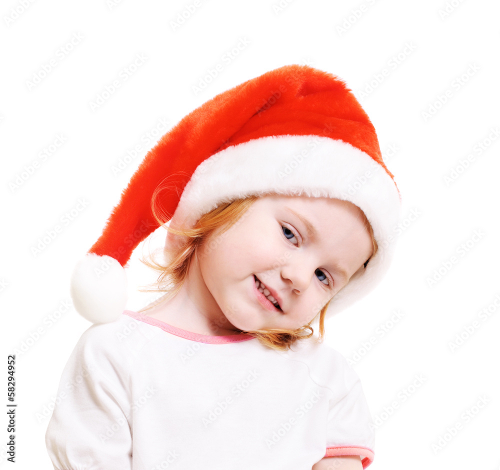 little girl in red santa hat on white background little girl in red santa hat on white background