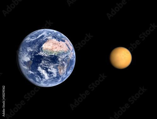 Planet Earth and Saturn Moon Titan