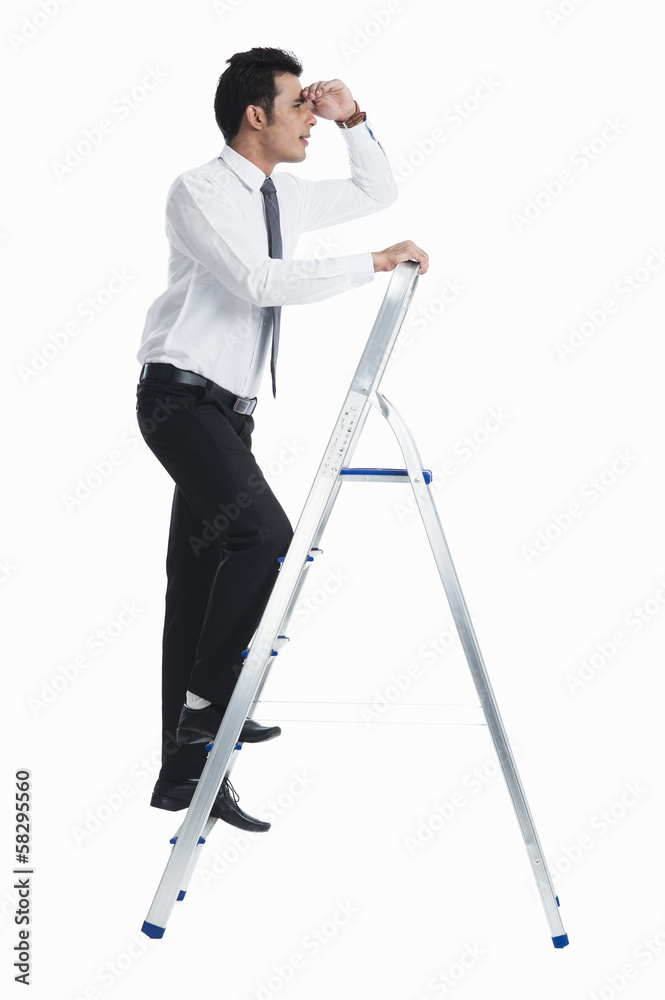 Businessman on a ladder with shielding eyes Businessman on a ladder with shielding eyes
