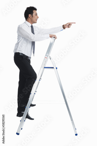 Businessman on a ladder and pointing