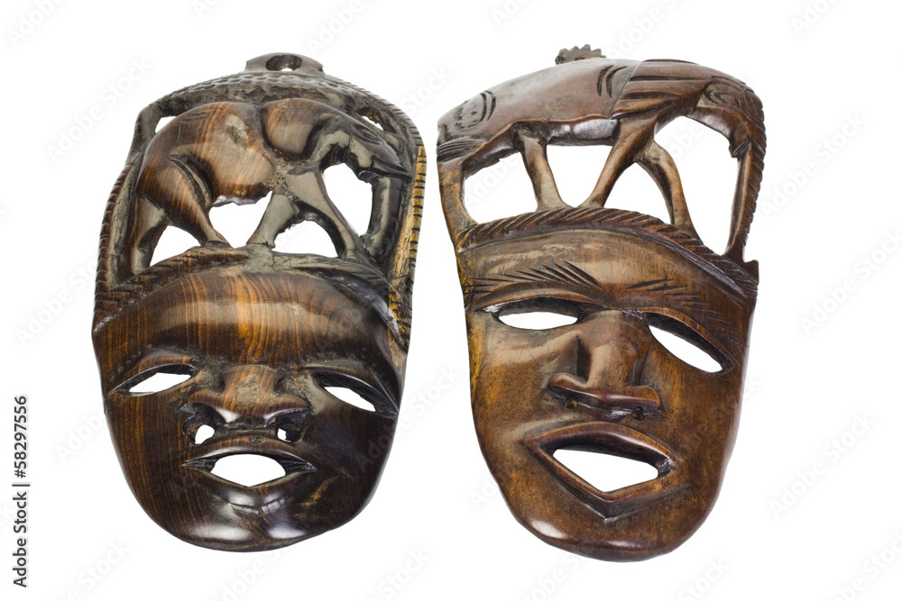 Close-up of two wooden masks Close-up of two wooden masks