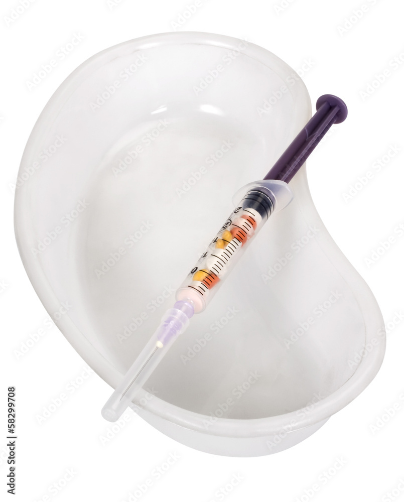 Medical injection on a kidney dish Medical injection on a kidney dish