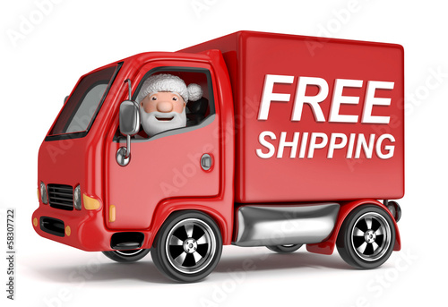 3d cartoon santa claus in free shipping truck - isolated
