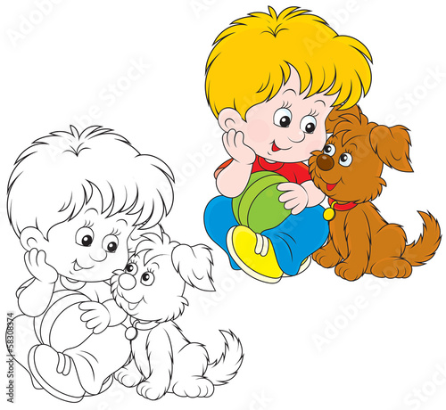 Little boy sitting with his brown pup