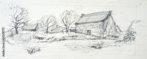 Sketch of an old barn made by pencil on a white paper