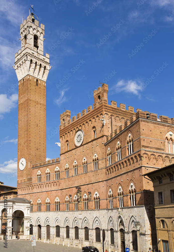 Low angle view of a tower, Torre Del Mangia, Palazzo Pubblico, Piazza Del Campo, Siena, Siena Province, Tuscany, Italy
