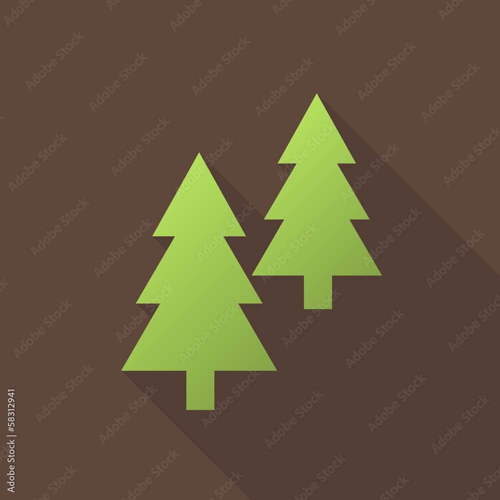 Obraz premium Tannenbäume Icon mit langem Schatten auf braunem Hintergrund