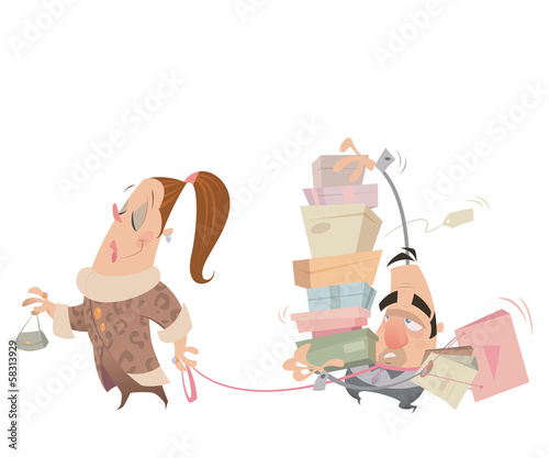 Cartoon couple shopping woman having husband with lash carrying